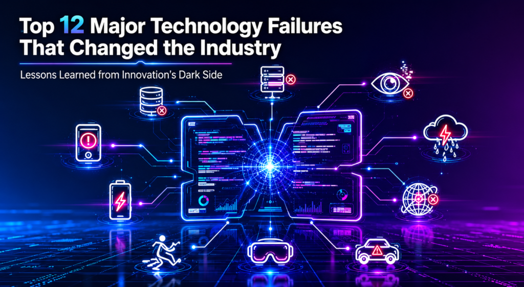 Top 12 major technology failures that changed the industry, highlighting notable tech breakdowns, system outages, security incidents, and innovation setbacks that shaped modern technology and provided valuable lessons for businesses and developers.