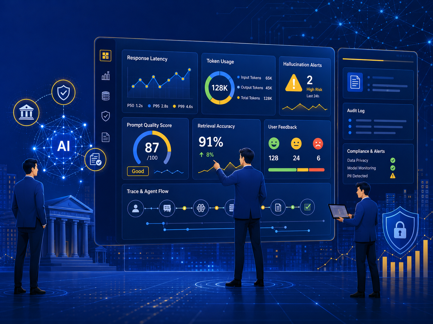 BFSI professionals monitoring an LLM observability dashboard displaying response latency, token usage, hallucination alerts, retrieval accuracy and compliance.