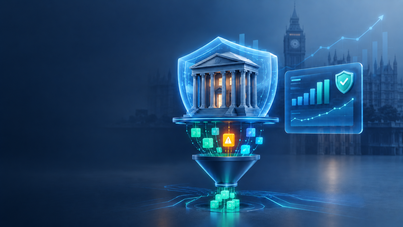 3D illustration of a shielded UK bank building over London skyline, symbolizing FCA/PRA operational resilience testing" That's 121 characters — pulls in your two priority keyword concepts (FCA/PRA, operational resilience) plus the visual subject and location, which helps it surface in image search for "FCA PRA operational resilience" queries while still reading naturally for a screen reader user.
